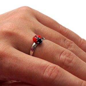 Ladybug Ring, Red Tiny Adjustable Ring, Miniature Ladybird Jewelry, Valentines Day Gift Idea Under 15
