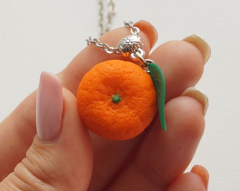 Miniature Mandarin Pendant, Realistic Tiny Tangerine Necklace, Vegan Jewelry Birthday gift for girl, Citrus Orange Fruit