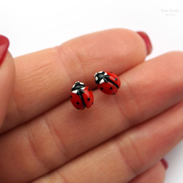 Ladybug Miniature Stud Earrings, Mom gift, Red Tiny Stainless Steel Post Earrings, Ladybird Petite Minimalist Earrings, Little Girl Jewelry