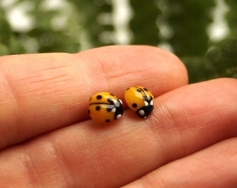 Yellow Ladybug Stud Earrings, Delicate Insect Accessory, Lucky Tiny Stainless Steel Post Earrings, Ladybird Petite Minimalist Nature Jewelry