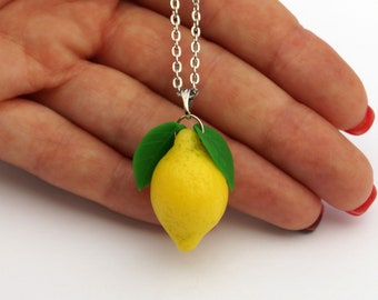 Lemon Necklace, Realistic Tiny Lemon Pendant, Vegan Jewelry Gift for girl, Miniature Yellow & Green Juicy Citrus Food Fruit