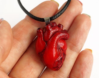 Anatomical Heart Necklace on Black Cord, Gothic Idea, Medical Student Gift Red Realistic Heart Clay Pendant Cardiac Medical Biology Inspired
