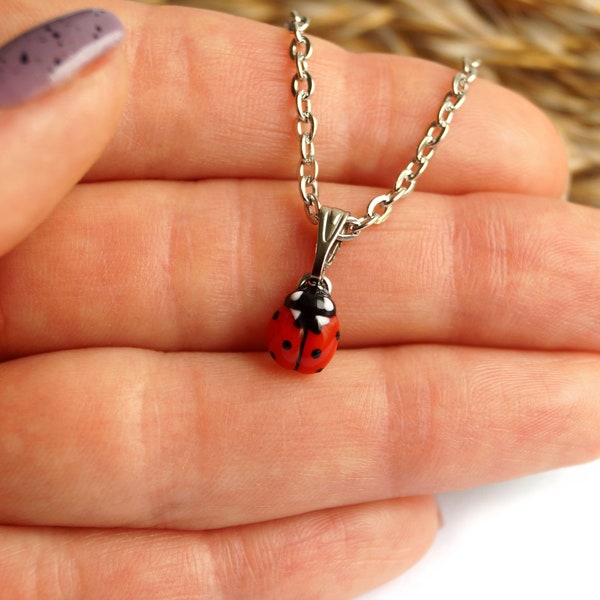 Ladybug Necklace, Red Realistic Ladybird Tiny Pendant, Petite Jewelry, Valentines Day Gift