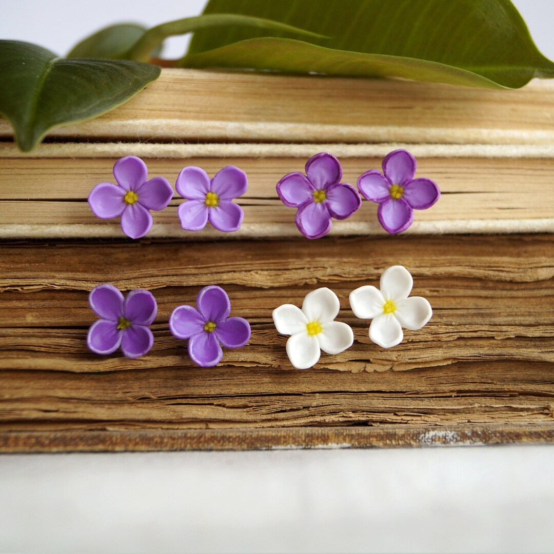 Lilac Stud Earrings Small Purple Flowers Post Earrings White - Etsy