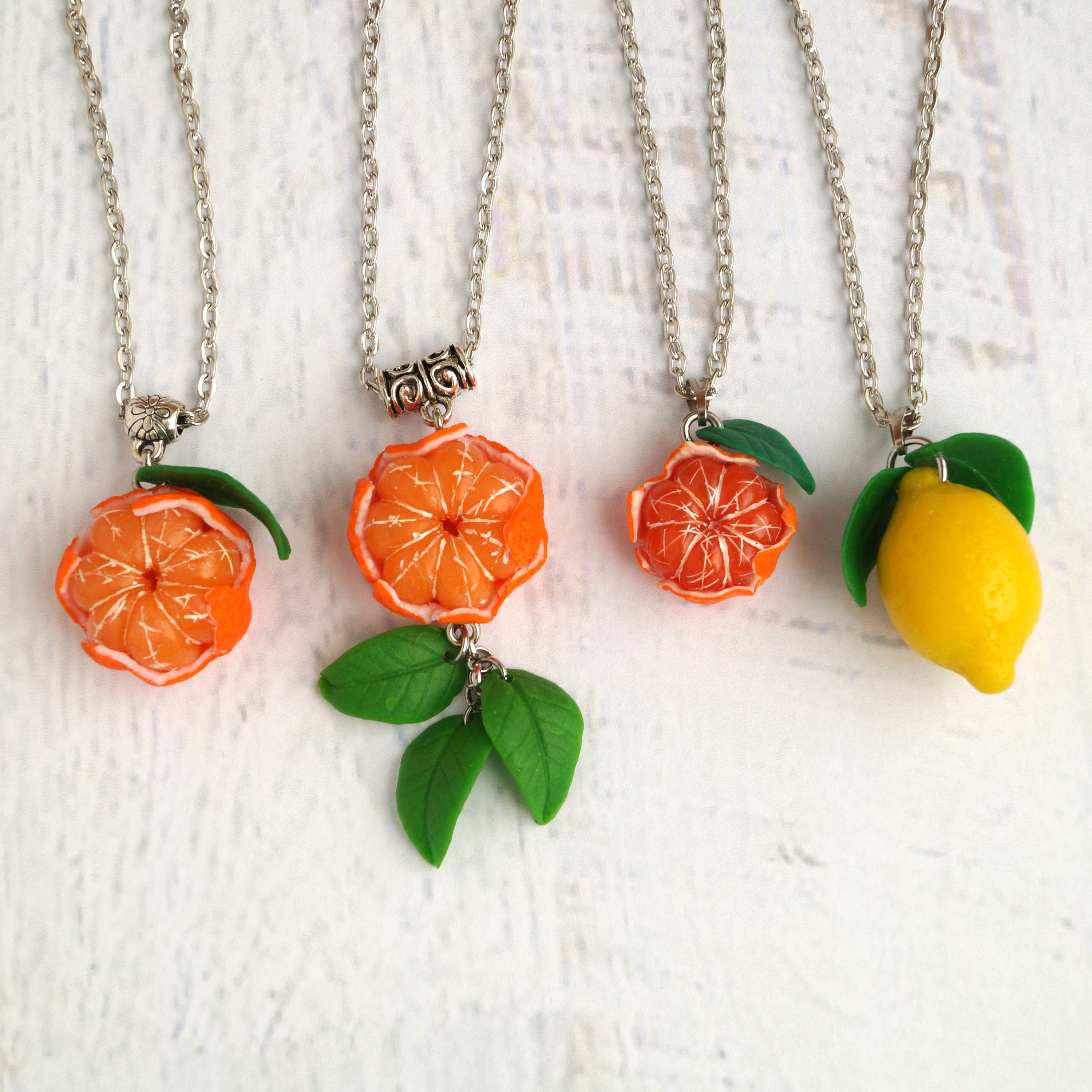 Miniature Tangerine Lemon Necklace: Realistic Polymer Clay Fruit