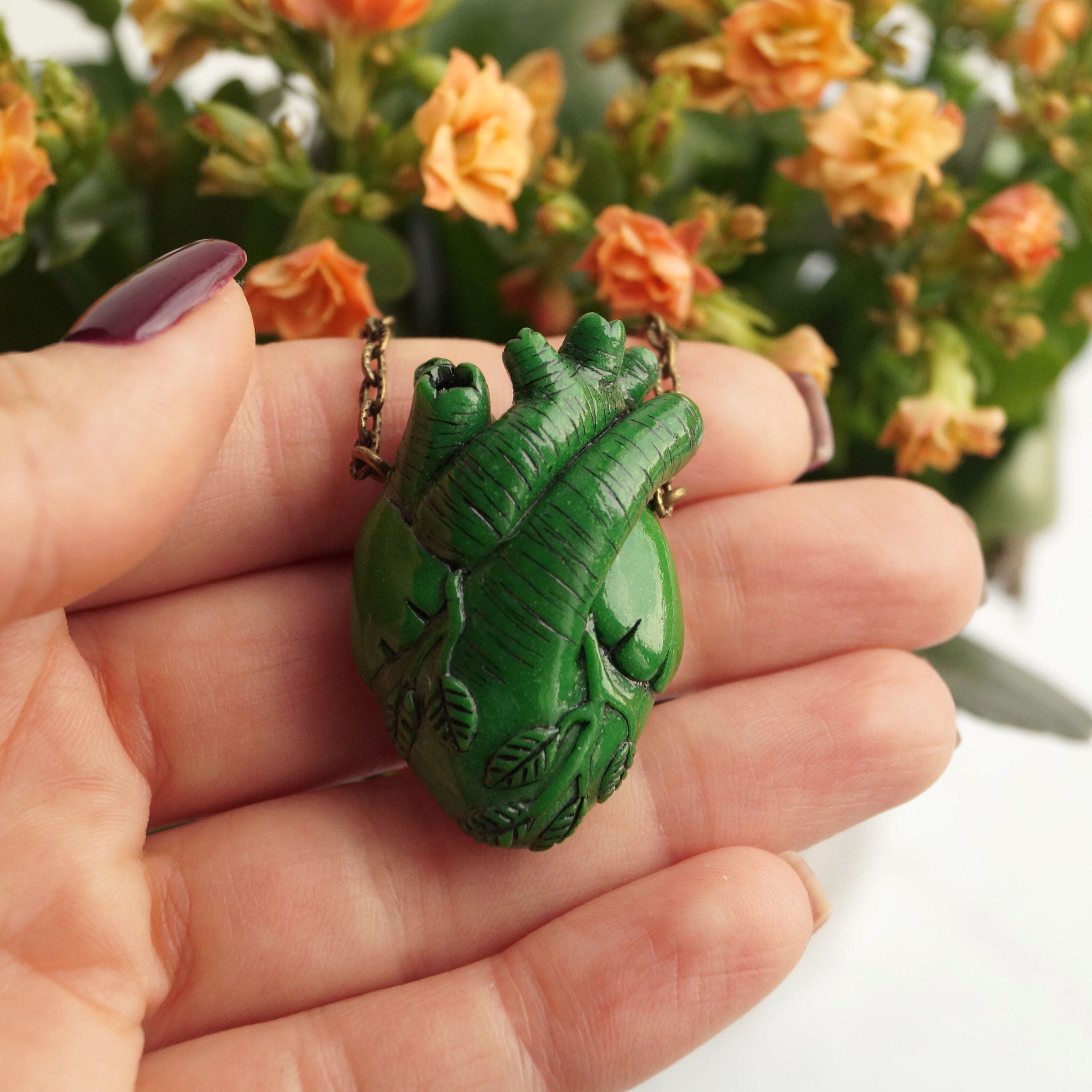 Anatomical Heart Necklace, Green Forest Growing Anatomy Heart 