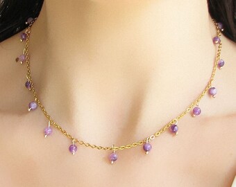 Purple Amethyst Necklace, Gold Chain Necklace, Amethyst Jewelry, Beaded Necklace
