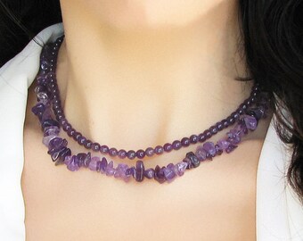 Amethyst Necklace, Crystal Beaded Necklace, Gemstone Choker
