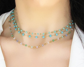 Beaded Choker Necklace, Tiny Turquoise Beaded Necklace, Gold Chain Choker