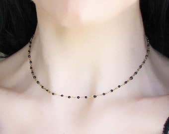 Choker Necklace, Black Choker, Beaded Choker, Gold Chain Choker