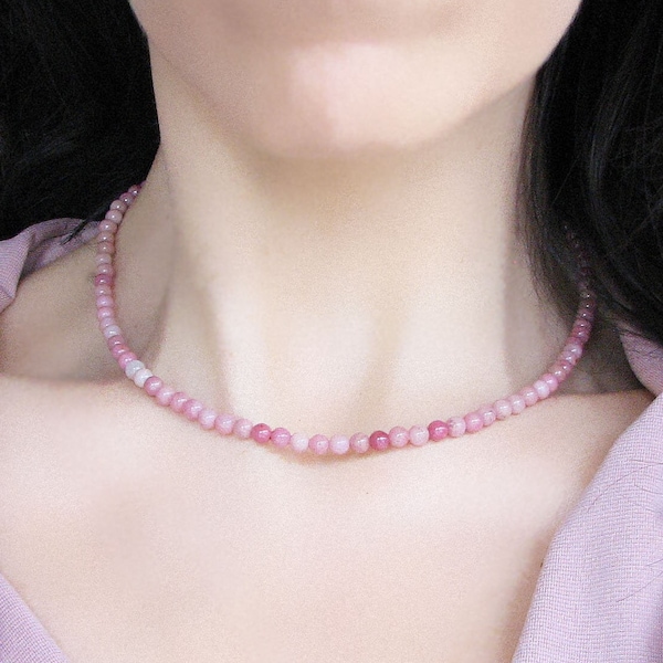 Rhodochrosite Gemstone Necklace, Beaded Necklace, Crystal Beaded Choker, Rhodochrosite Jewelry