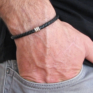 Braided Leather Bracelet For Men, Silver Bead Bracelet, Mens Jewelry, Gift For Him