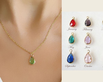 Personalized Birthstone Necklace, Gold Teardrop Necklace, Birthstone Jewelry