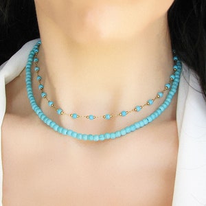 Turquoise Necklace, Blue Turquoise Jewelry, Beaded Necklace, Gemstone Choker