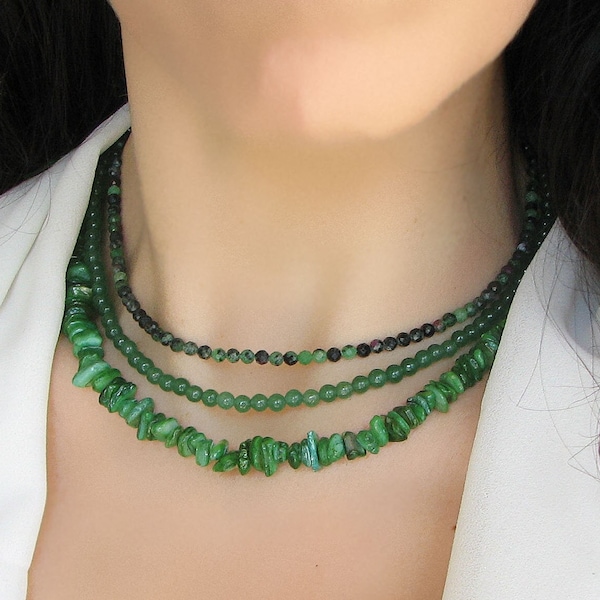 Tiny Green Agate Beaded Necklace, Moss Agate, Natural Gemstone Beaded Choker, Bead Bracelet for Women