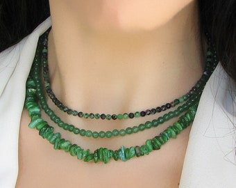 Tiny Green Agate Beaded Necklace, Moss Agate, Natural Gemstone Beaded Choker, Bead Bracelet for Women