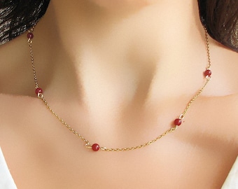 Carnelian Necklace, Gemstone Carnelian Jewelry, 18k Gold Filled Chain Bead Choker