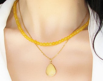 Yellow Jade Necklace, Summer Jewelry, Gold Gemstone Teardrop Necklace, Jade Pendant