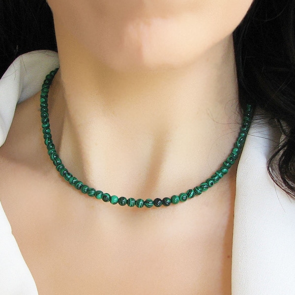 Malachite Necklace, Green Malachite Jewelry, Beaded Necklace, Stone Necklace