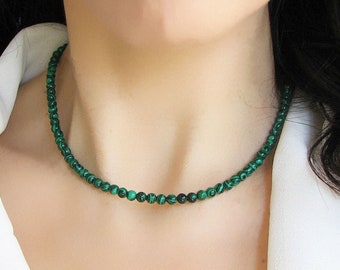 Malachite Necklace, Green Malachite Jewelry, Beaded Necklace, Stone Necklace