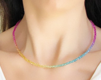 Crystal Beaded Necklace, Ombre Jewelry, Rainbow Necklace, Beaded Choker