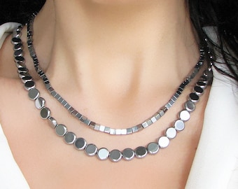 Silver Hematite Necklace, Gemstone Beaded Choker, Hematite Jewelry, Handmade Beaded Necklace