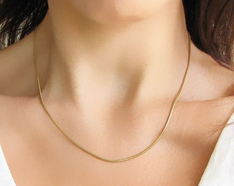 May include: A simple gold chain necklace worn by a person with dark hair.