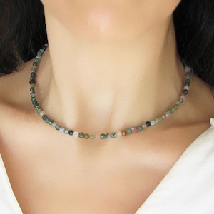 Green Moss Agate Beaded Choker, Natural Gemstone Agate Jewelry, Beaded Necklace