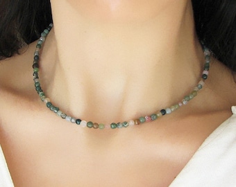 Green Moss Agate Beaded Choker, Natural Gemstone Agate Jewelry, Beaded Necklace