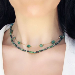 Green Aventurine Necklace, Gemstone Chain Beaded Necklace, Gold Choker, Aventurine Jewelry, Handmade Gift for Her