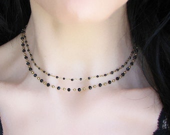 Black Choker Necklace, Beaded Choker, Gold Chain Choker