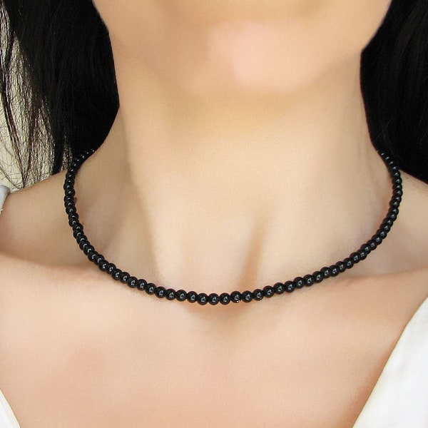 Onyx Halskette, Schwarzer Onyx Schmuck, Perlen Halskette, Edelstein Choker