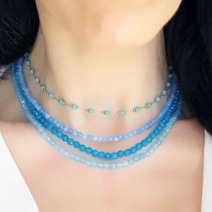Aquamarine Necklace, Blue Aquamarine Jewelry, Beaded Necklace, Gemstone Choker