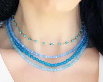 Aquamarine Necklace, Blue Aquamarine Jewelry, Beaded Necklace, Gemstone Choker