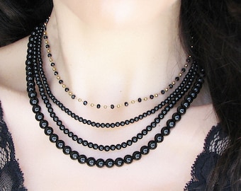 Collier en onyx noir, collier de perles de pierres précieuses naturelles, bijoux en onyx, tour de cou fait main