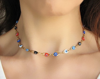 Evil Eye Necklace, Gold Beaded Stainless Steel Necklace