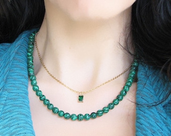 Malachite Necklace, Green Malachite Jewelry, Beaded Gemstone Necklace, Crystal Necklace