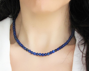 Blue Lapis Lazuli Necklace, Lapis Jewelry, Beaded Gemstone Necklace