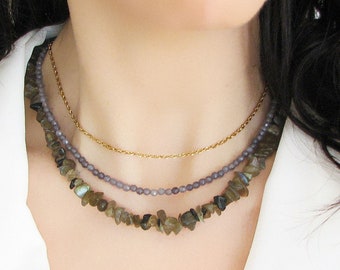 Labradorite Necklace, Gemstone Beaded Necklace, Labradorite Jewelry, Chip Necklace