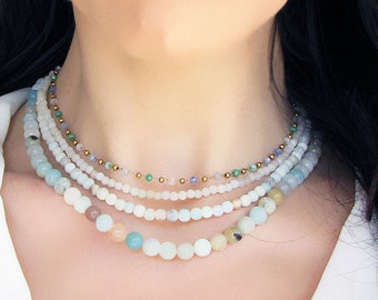 Amazonite Necklace, Natural Gemstone Beaded Necklace, Amazonite Jewelry, Summer Beach Choker, Bracelet