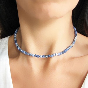 Blue Sodalite Necklace, Beaded Gemstone Necklace, 4mm Crystal Necklace