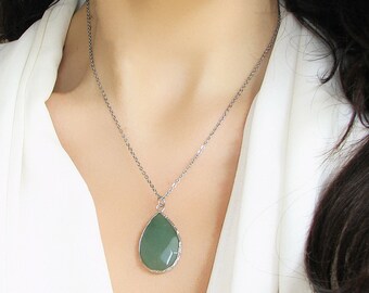 Green Aventurine Necklace, Gemstone Pendant Teardrop Necklace