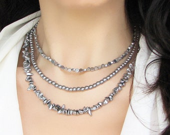 Silver Hematite Beaded Necklace, Hematite Jewelry, Crystal Gemstone Choker