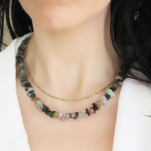 Watermelon Tourmaline Necklace, Tourmaline Jewelry, Crystal Beaded Necklace, Gemstone Choker Necklace