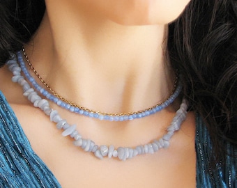 Blue Lace Agate Beaded Necklace, Natural Gemstone Beaded Choker, Handmade Gift For Women