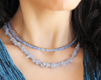 Blue Lace Agate Beaded Necklace, Natural Gemstone Choker