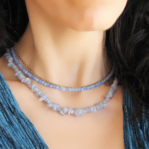 Blue Lace Agate Beaded Necklace, Natural Gemstone Beaded Choker, Handmade Gift For Women