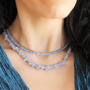 Collier de perles en dentelle bleue et en agate, tour de cou en perles de pierres précieuses naturelles, cadeau fait main pour femme