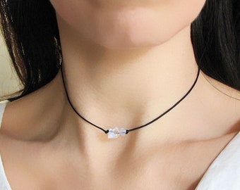 Moonstone Choker, Gemstone Necklace, Crystal Chip Necklace, Moonstone Jewelry, Adjustable Cord Chokers For Women