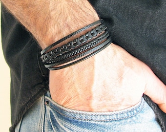 Black Mens Leather Bracelet, Mens Jewelry, Stainless Steel